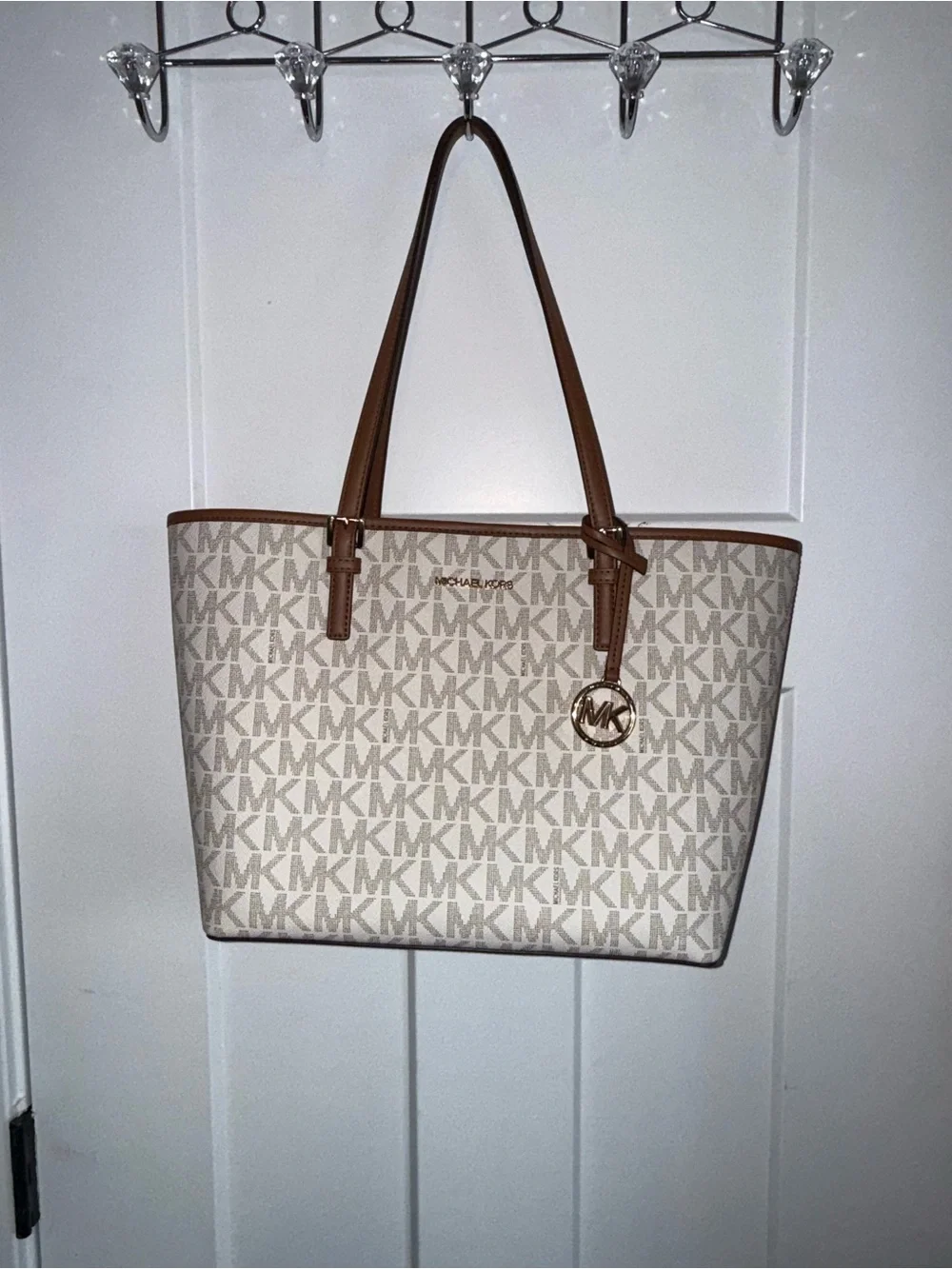 Michael Kors Cream Signature MK Tote with Brown Trim